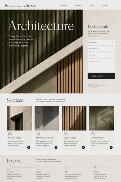 Architecture & Interiors website design for United Kingdom, showing a clear opening, service information, supporting content, and a focused inquiry action.