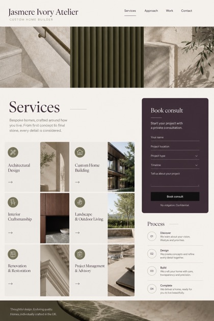 Architecture & Interiors website design for United Kingdom, showing a clear opening, service information, supporting content, and a focused inquiry action.
