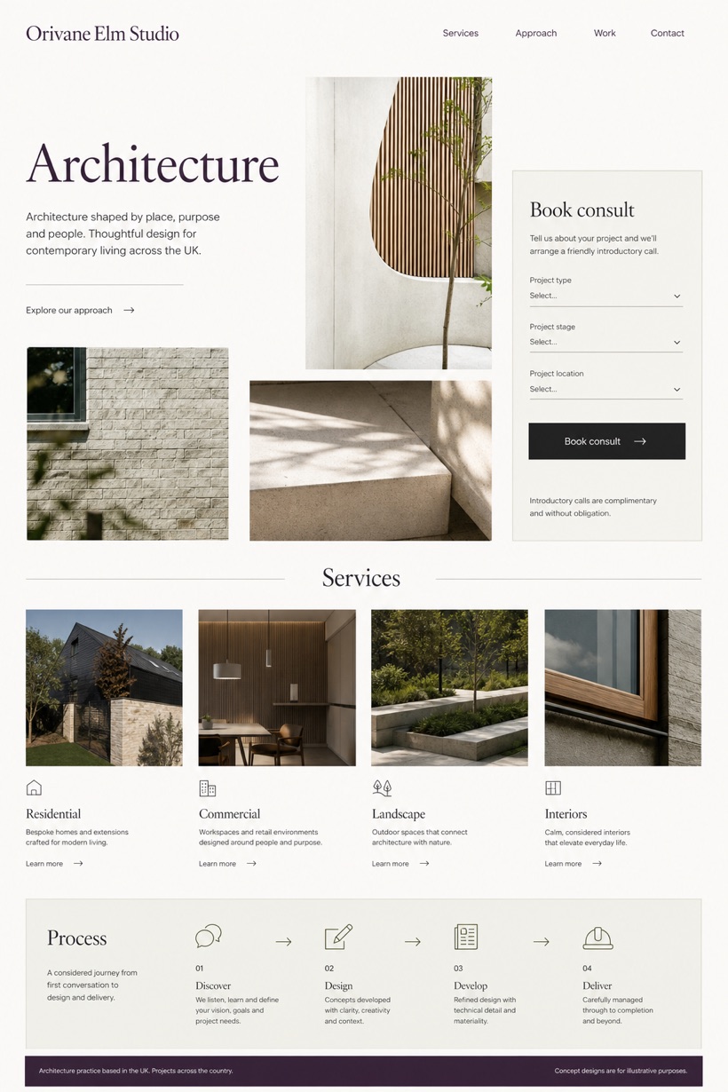 Architecture & Interiors website design for United Kingdom, showing a clear opening, service information, supporting content, and a focused inquiry action.