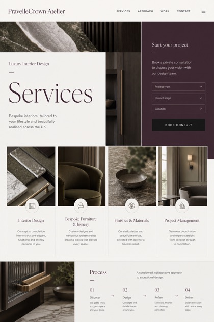 Architecture & Interiors website design for United Kingdom, showing a clear opening, service information, supporting content, and a focused inquiry action.