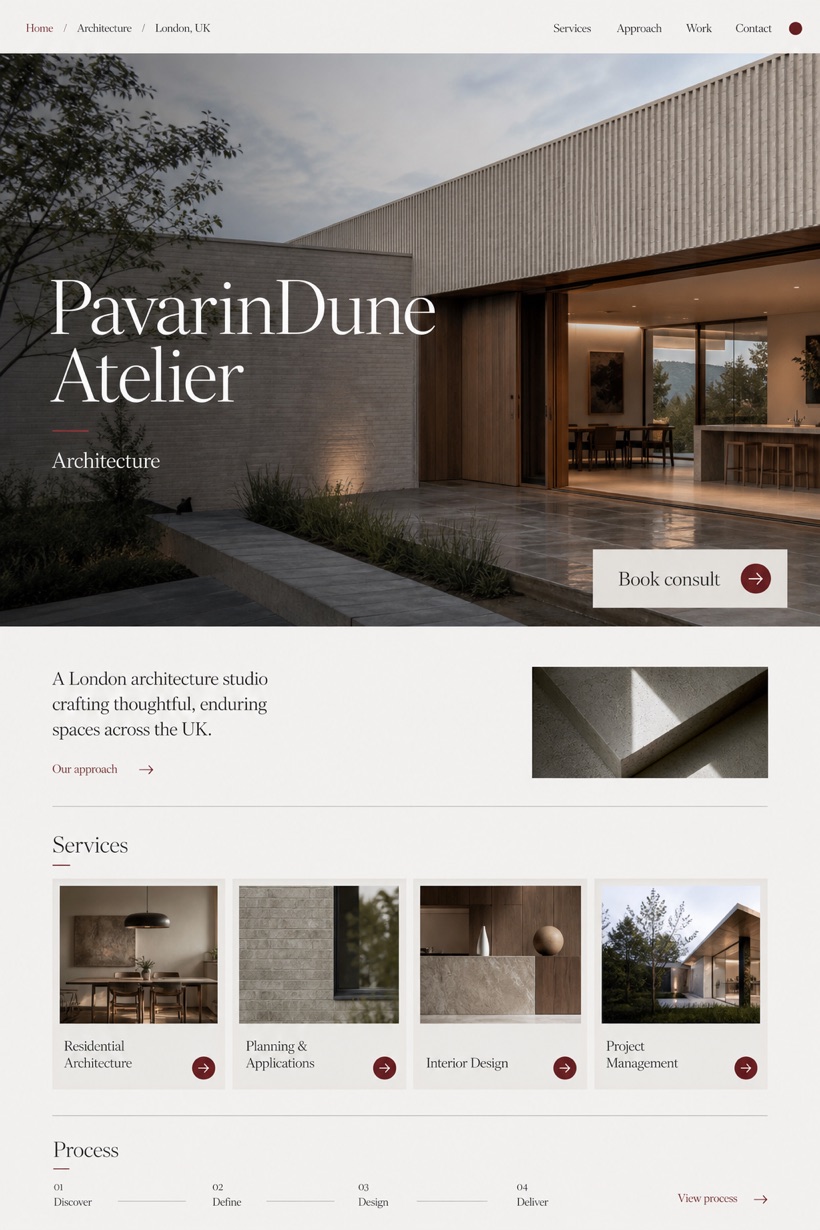 Architecture & Interiors website design for United Kingdom, showing a clear opening, service information, supporting content, and a focused inquiry action.