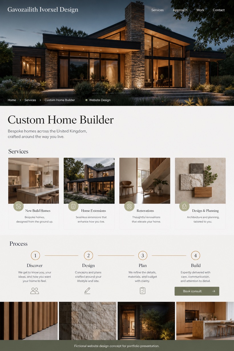 Architecture & Interiors website design for United Kingdom, showing a clear opening, service information, supporting content, and a focused inquiry action.