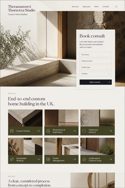 Architecture & Interiors website design for United Kingdom, showing a clear opening, service information, supporting content, and a focused inquiry action.