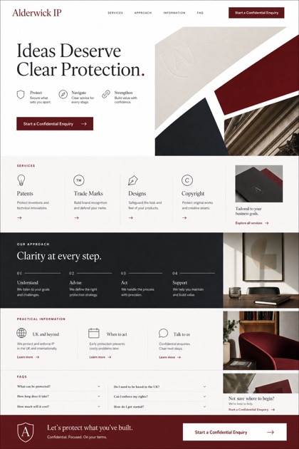 Fictional Alderwick IP Intellectual property law firm website design showcase with a complete 2:3 page layout, service sections, practical information, and contact action