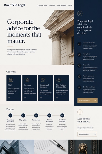 Legal website design for United Kingdom, showing a clear opening, service information, supporting content, and a focused inquiry action.