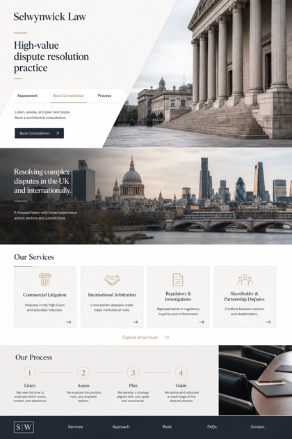 Legal website design for United Kingdom, showing a clear opening, service information, supporting content, and a focused inquiry action.
