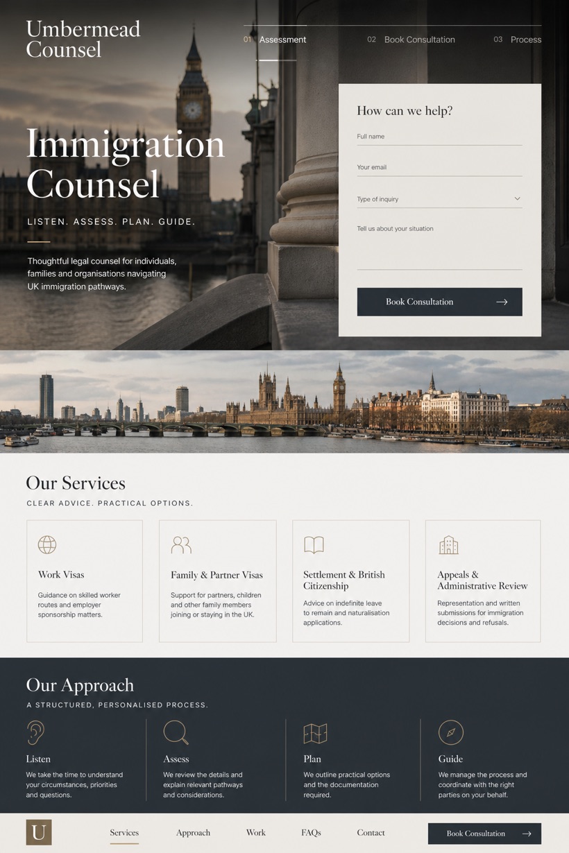 Legal website design for United Kingdom, showing a clear opening, service information, supporting content, and a focused inquiry action.