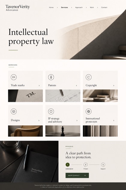 Legal website design for United Kingdom, showing a clear opening, service information, supporting content, and a focused inquiry action.