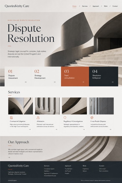 Legal website design for United Kingdom, showing a clear opening, service information, supporting content, and a focused inquiry action.