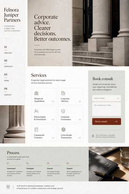Legal website design for United Kingdom, showing a clear opening, service information, supporting content, and a focused inquiry action.