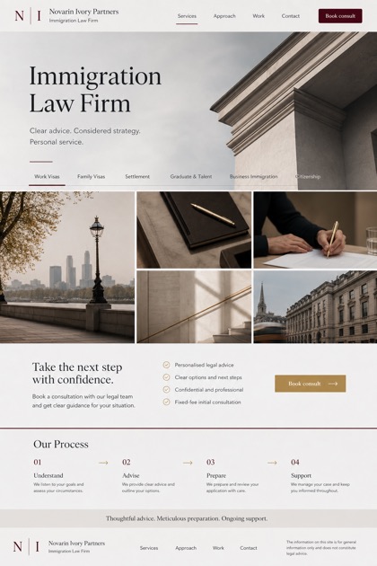 Legal website design for United Kingdom, showing a clear opening, service information, supporting content, and a focused inquiry action.