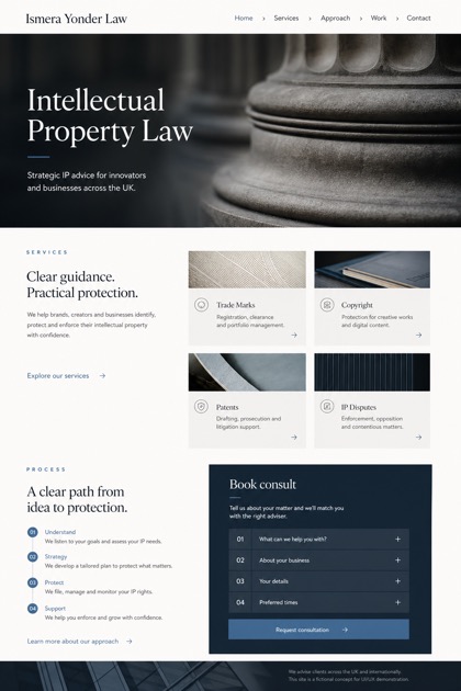 Legal website design for United Kingdom, showing a clear opening, service information, supporting content, and a focused inquiry action.