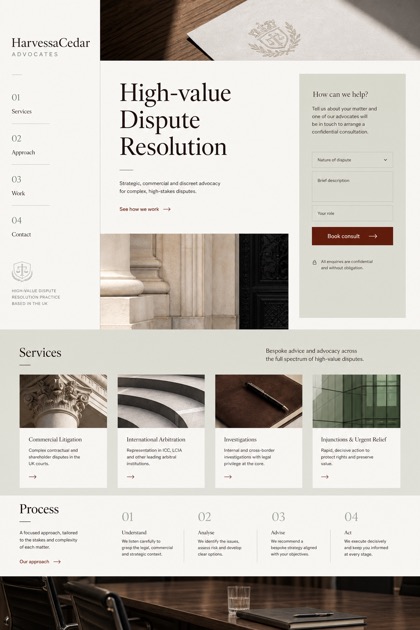 Legal website design for United Kingdom, showing a clear opening, service information, supporting content, and a focused inquiry action.