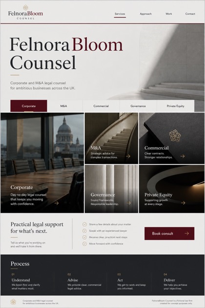 Legal website design for United Kingdom, showing a clear opening, service information, supporting content, and a focused inquiry action.