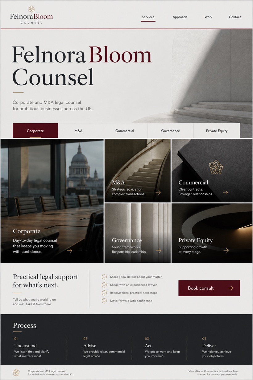 Legal website design for United Kingdom, showing a clear opening, service information, supporting content, and a focused inquiry action.