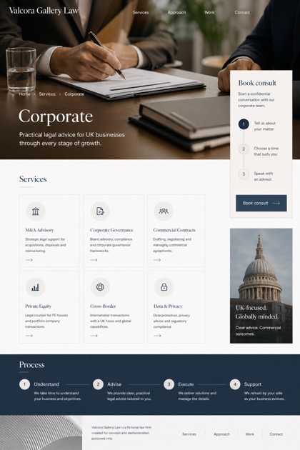 Legal website design for United Kingdom, showing a clear opening, service information, supporting content, and a focused inquiry action.