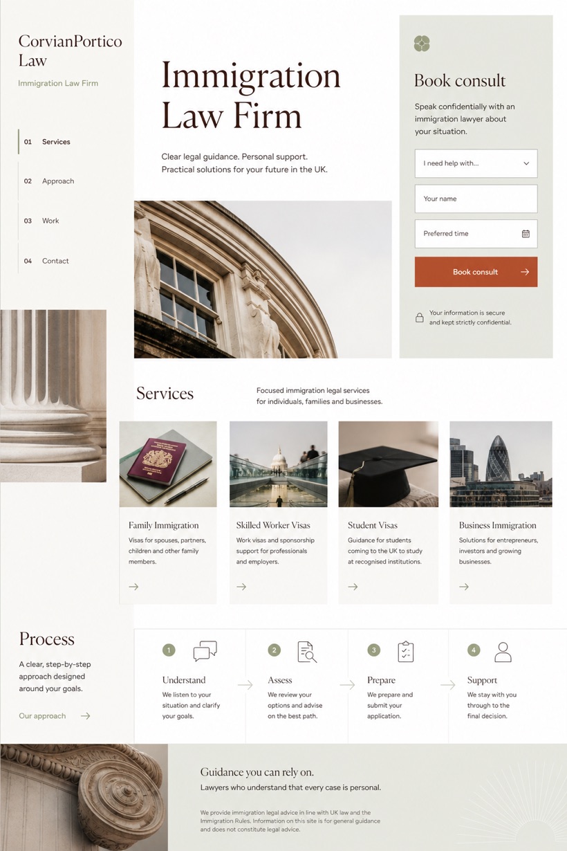 Legal website design for United Kingdom, showing a clear opening, service information, supporting content, and a focused inquiry action.