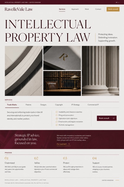 Legal website design for United Kingdom, showing a clear opening, service information, supporting content, and a focused inquiry action.