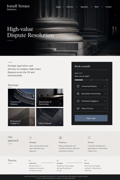 Legal website design for United Kingdom, showing a clear opening, service information, supporting content, and a focused inquiry action.
