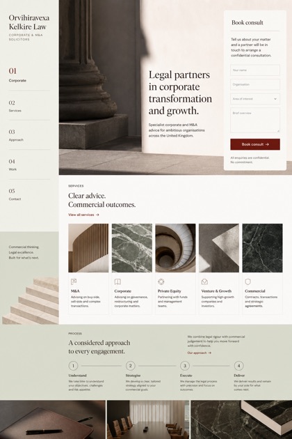 Legal website design for United Kingdom, showing a clear opening, service information, supporting content, and a focused inquiry action.