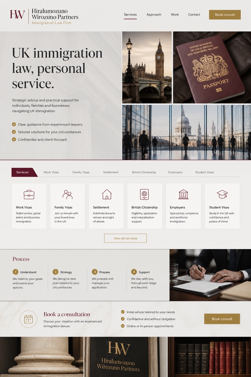 Legal website design for United Kingdom, showing a clear opening, service information, supporting content, and a focused inquiry action.