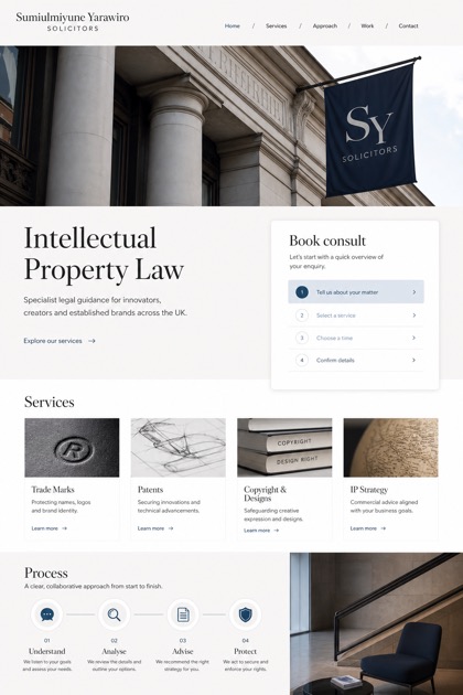Legal website design for United Kingdom, showing a clear opening, service information, supporting content, and a focused inquiry action.