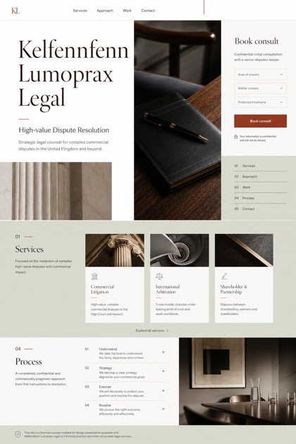 Legal website design for United Kingdom, showing a clear opening, service information, supporting content, and a focused inquiry action.