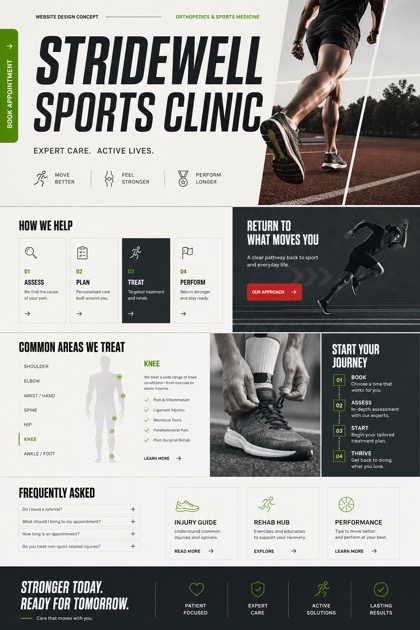 Fictional Stridewell Sports Clinic website concept with bold movement typography, service cards, body-map section, journey steps, FAQ, and booking tab