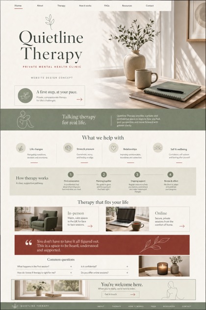 Fictional Quietline Therapy website concept with quiet wordmark, first-step panel, service categories, care pathway, privacy ribbon, FAQ, and contact CTA