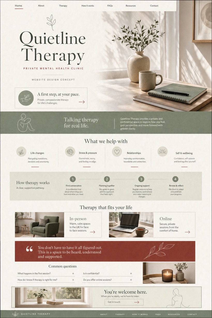 Fictional Quietline Therapy website concept with quiet wordmark, first-step panel, service categories, care pathway, privacy ribbon, FAQ, and contact CTA