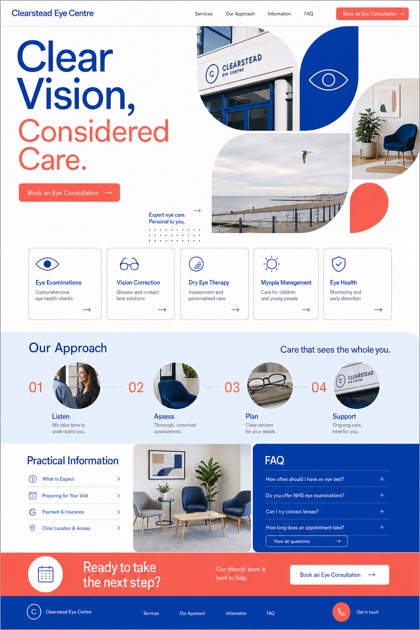 Fictional Clearstead Eye Centre Ophthalmology and vision correction website design showcase with a complete 2:3 page layout, service sections, practical information, and contact action
