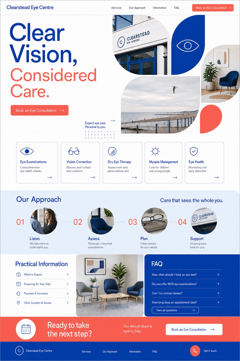 Fictional Clearstead Eye Centre Ophthalmology and vision correction website design showcase with a complete 2:3 page layout, service sections, practical information, and contact action
