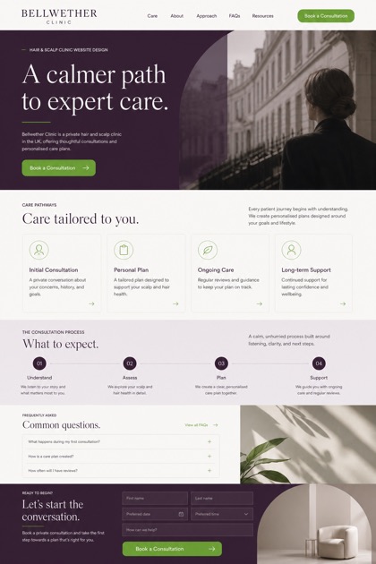 Fictional Bellwether Clinic Hair and scalp clinic website design showcase in a 2:3 layout with service sections, FAQ, and inquiry action