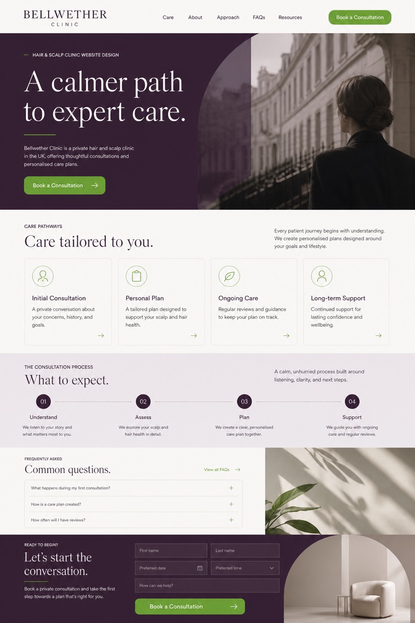Fictional Bellwether Clinic Hair and scalp clinic website design showcase in a 2:3 layout with service sections, FAQ, and inquiry action