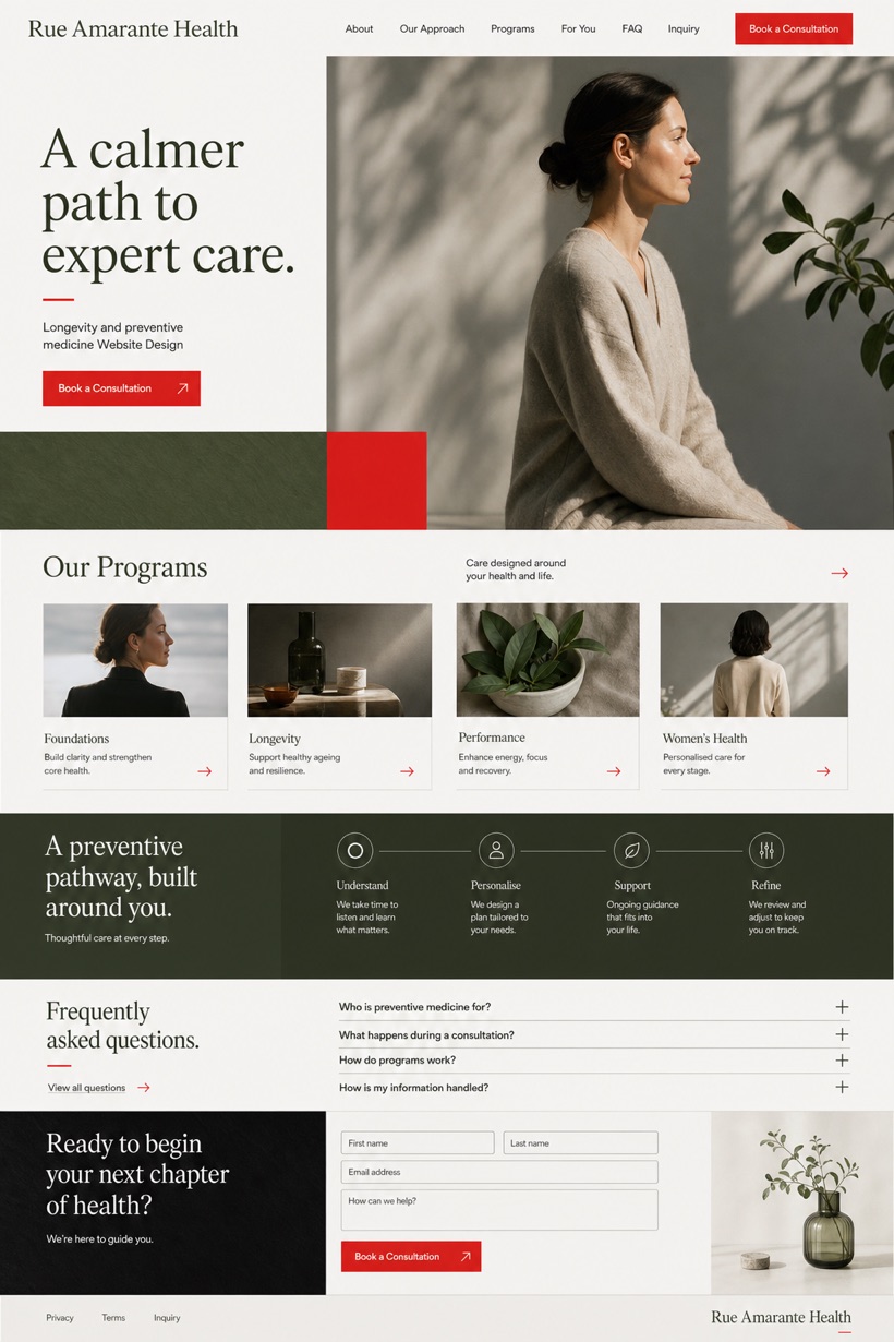 Fictional Rue Amarante Health Longevity and preventive medicine website design showcase in a 2:3 layout with service sections, FAQ, and inquiry action