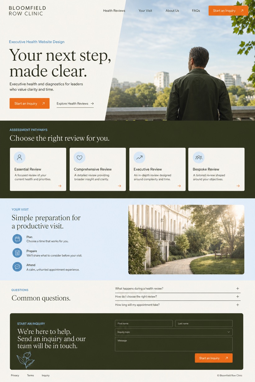 Fictional Bloomfield Row Clinic Executive health and diagnostics website design showcase in a 2:3 layout with service sections, FAQ, and inquiry action
