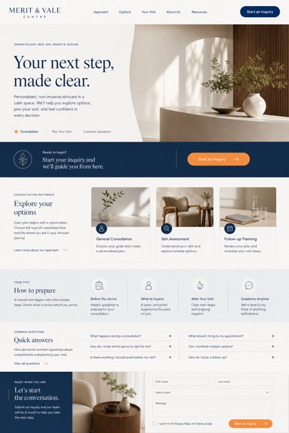 Fictional Merit & Vale Centre Non-invasive dermatology and med spa website design showcase in a 2:3 layout with service sections, FAQ, and inquiry action