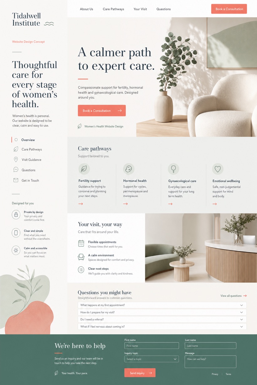 Fictional Tidalwell Institute Fertility and women's health website design showcase in a 2:3 layout with service sections, FAQ, and inquiry action