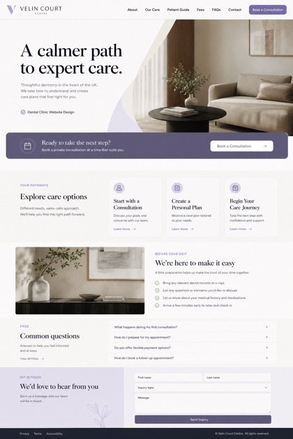 Fictional Velin Court Centre Implant and cosmetic dentistry website design showcase in a 2:3 layout with service sections, FAQ, and inquiry action