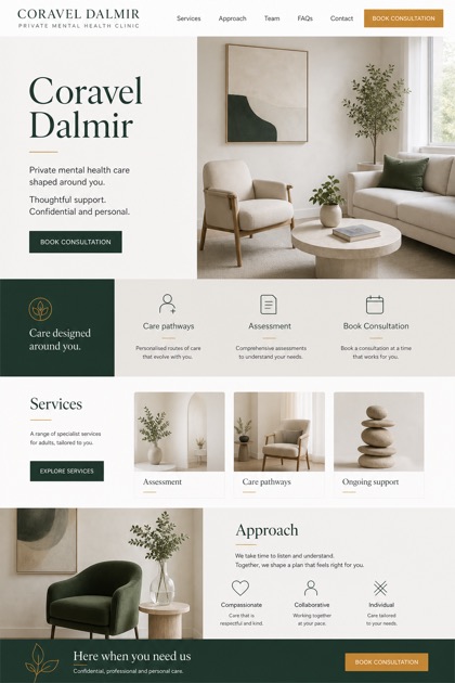 Healthcare website design for United Kingdom, showing a clear opening, service information, supporting content, and a focused inquiry action.