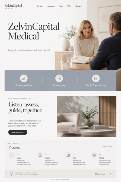 Healthcare website design for United Kingdom, showing a clear opening, service information, supporting content, and a focused inquiry action.