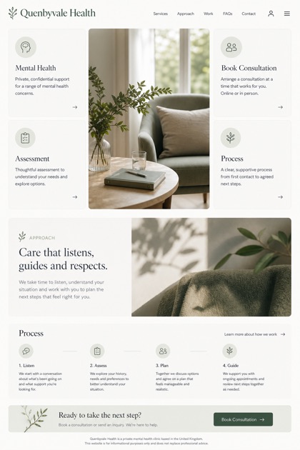 Healthcare website design for United Kingdom, showing a clear opening, service information, supporting content, and a focused inquiry action.