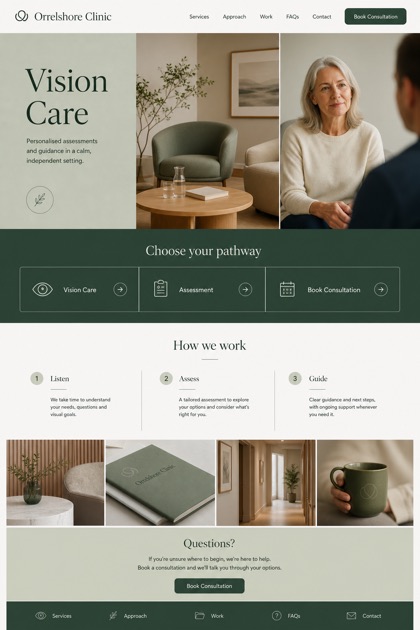 Healthcare website design for United Kingdom, showing a clear opening, service information, supporting content, and a focused inquiry action.