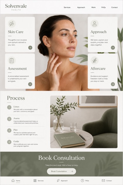Healthcare website design for United Kingdom, showing a clear opening, service information, supporting content, and a focused inquiry action.