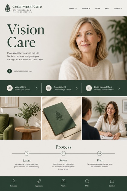 Healthcare website design for United Kingdom, showing a clear opening, service information, supporting content, and a focused inquiry action.