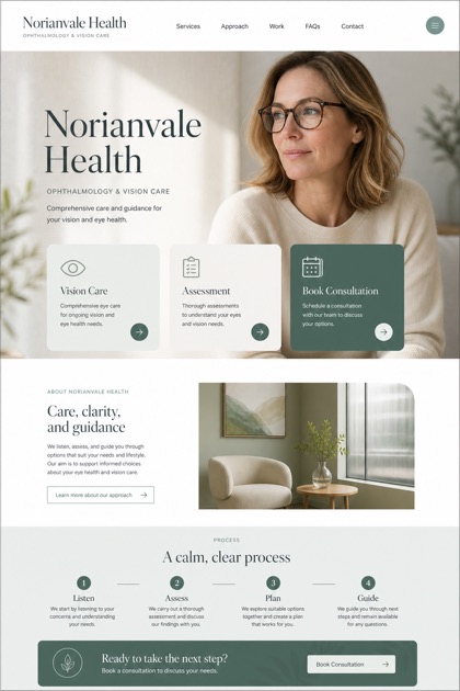 Healthcare website design for United Kingdom, showing a clear opening, service information, supporting content, and a focused inquiry action.