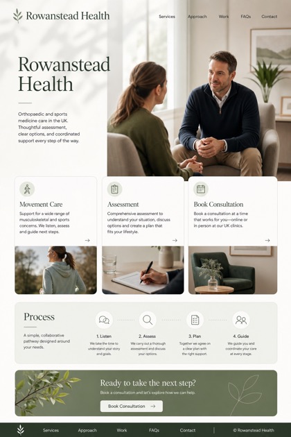 Healthcare website design for United Kingdom, showing a clear opening, service information, supporting content, and a focused inquiry action.