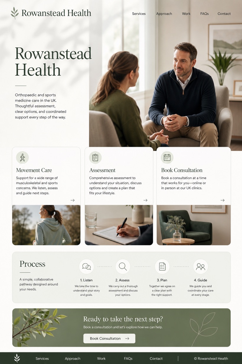 Healthcare website design for United Kingdom, showing a clear opening, service information, supporting content, and a focused inquiry action.