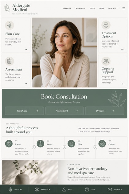 Healthcare website design for United Kingdom, showing a clear opening, service information, supporting content, and a focused inquiry action.