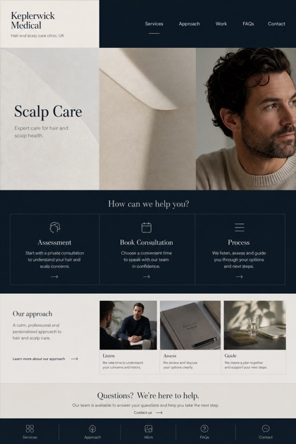 Healthcare website design for United Kingdom, showing a clear opening, service information, supporting content, and a focused inquiry action.